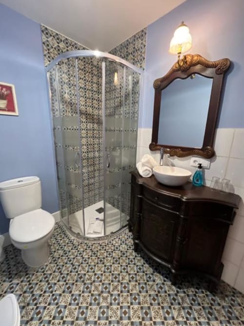 Modern bathroom with shower enclosure, dark vanity, ornate mirror, and patterned tile flooring in Almagro hotel suite