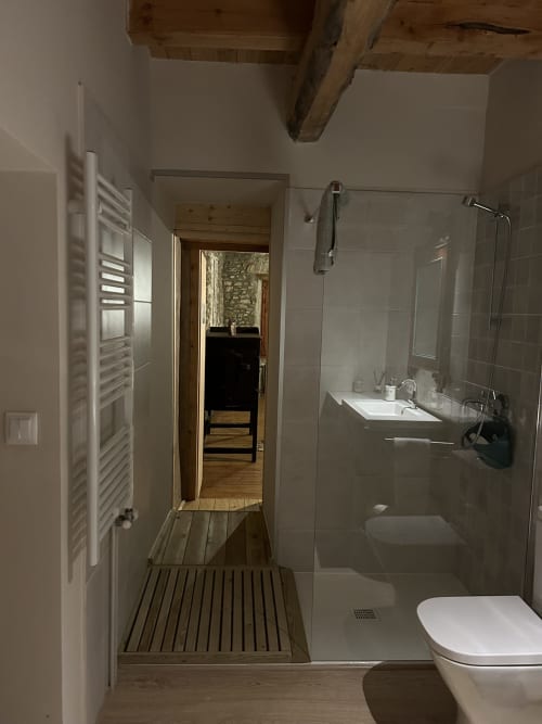 Baño moderno en Casa Tapiolas con ducha, lavamanos y aseo en Molló, Girona