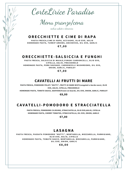 Menu pranzo CorteLirice Paradiso con piatti di pasta fresca, opzioni di frutti di mare e carni