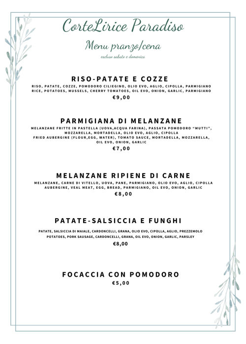 Menu pranzo/cena CorteLirice Paradiso con piatti italiani come risotto, melanzane alla parmigiana e focaccia
