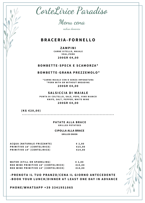 Menu serata CorteLirice Paradiso braceria con carni alla griglia, specialità italiane e selezione di vini