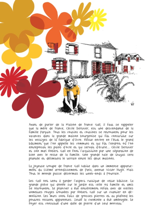 Colorful illustration of girl at countryside estate Domaine de l'Ocrerie in Pourrain with flowers and historic buildings