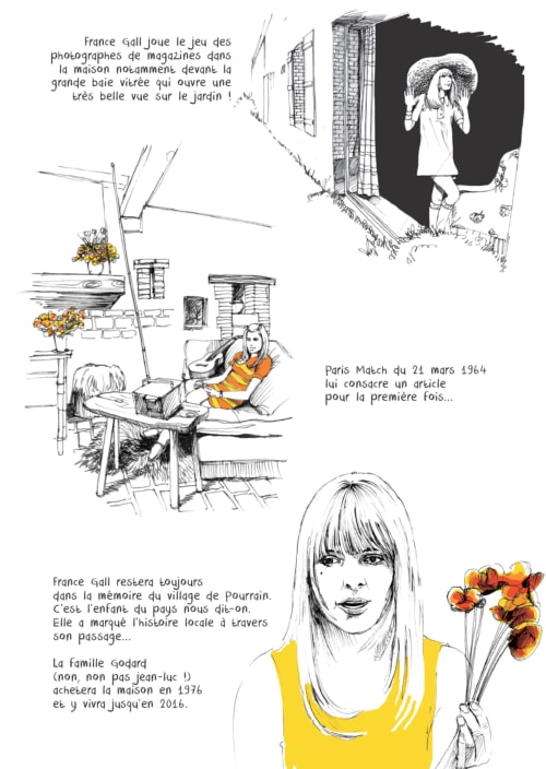 France Gall at Domaine de l'Ocrerie in Pourrain, vintage illustration of 1960s garden home