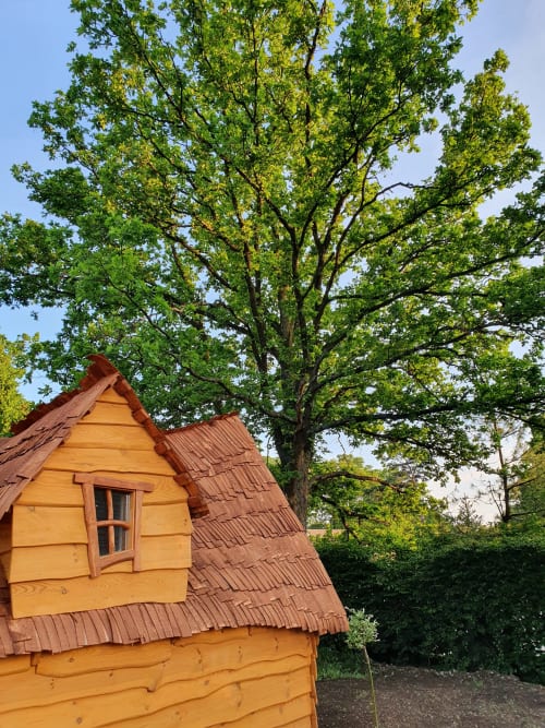 Holzhaus mit rotem Dach unter großer Eiche bei Les Refuges Du Chalet in Jalhay, Belgien