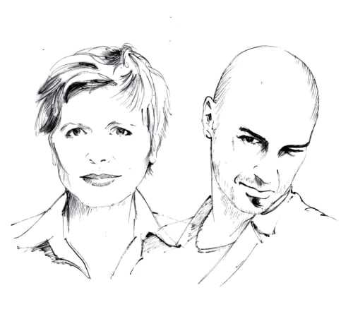 Portrait sketches of two people at Domaine de l'Ocrerie, a bed and breakfast in Pourrain, France