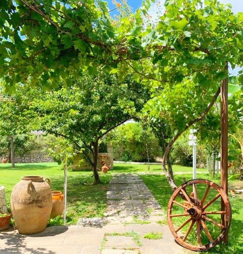 Allée de jardin rustique avec pergola de vigne, jarres en terre cuite et roue de chariot à Masseria Vittoria, Acaya, Italie
