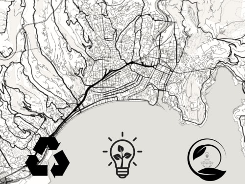 Carte de Nice, France avec icônes de développement durable pour l'Hôtel De La Fontaine, présentant le recyclage, l'énergie renouvelable et