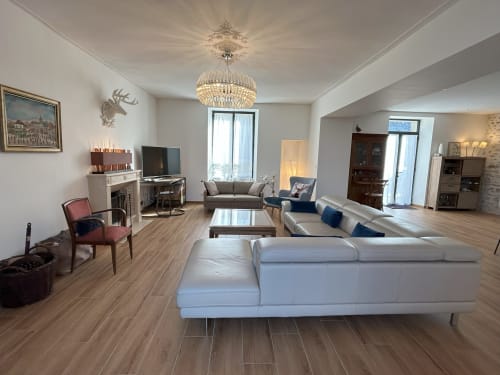Elegant living room at La Ferme du Châtaignier gîte in Essonne with modern furnishings and chandeliers