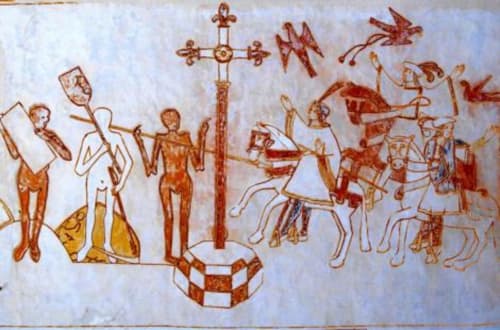 Ancient religious fresco with cross and figures at Domaine de l'Ocrerie, Pourrain