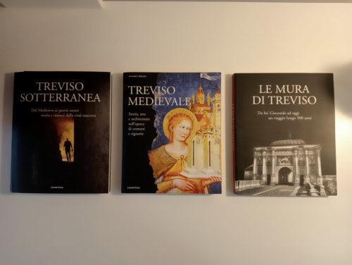 Tre libri di storia italiana su Treviso esposti su mensola bianca nell'Apartment GioviGemini