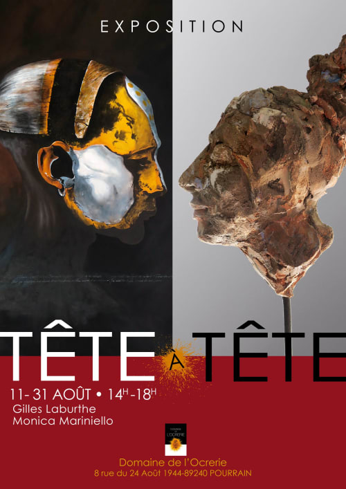 Affiche d'exposition Tête à Tête au Domaine de l'Ocrerie à Pourrain présentant des têtes sculpturales