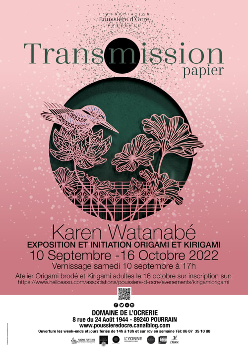 Affiche d'exposition « Transmission papier » de Karen Watanabé au Domaine de l'Ocrerie à Pourrain, mettant en vedette l'art de l'origami 