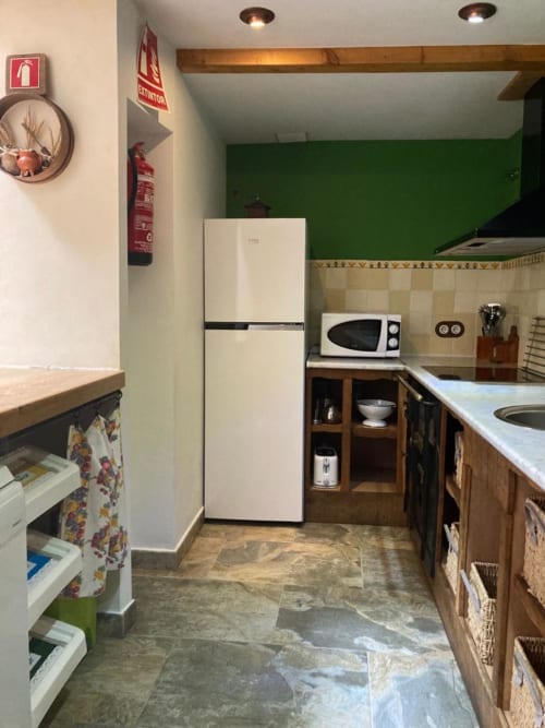 Cocina compacta en Apartamentos Casa Lafuente con refrigerador blanco, microondas, muebles de madera y pared de acento verde