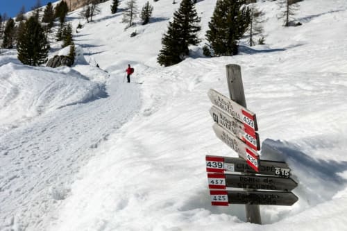 Sentiero alpino innevato con segnaletica direzionale nei pressi di Treviso, meta escursionistica italiana