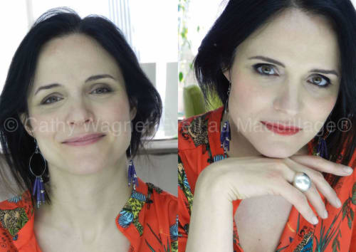 Woman at Domaine de l'Ocrerie B&B in Pourrain, France, wearing red patterned shirt