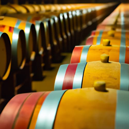 Imagen de una bodega de vino con barriles de roble y botellas en estantes de madera.