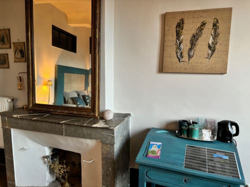 Chambre Pierre de Ronsard à La vie de château à Grignan avec cheminée, miroir, œuvre en plumes et TV