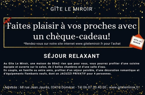 Bannière promotionnelle du Gîte Le Miroir Domérat mettant en avant une offre de séjour relaxant avec promotion de chèque-cadeau