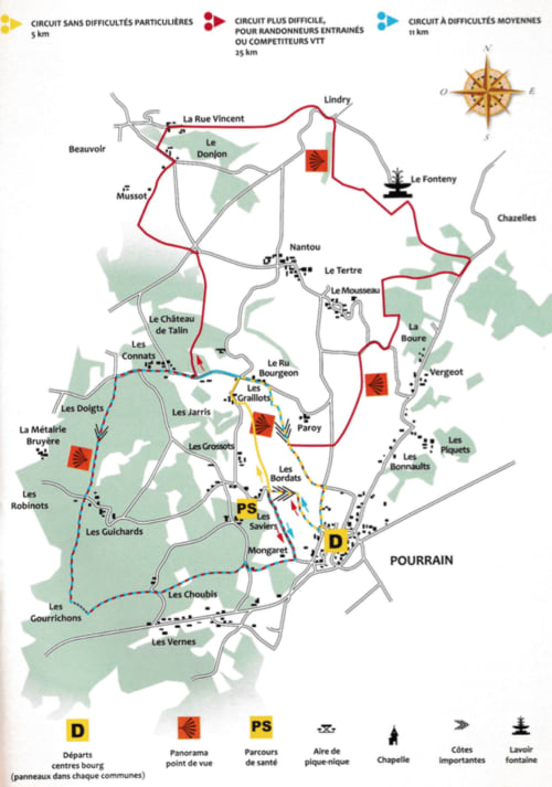 Karte der Radstrecken von Pourrain mit drei Routenoptionen rund um das Domaine de l'Ocrerie im Burgund.