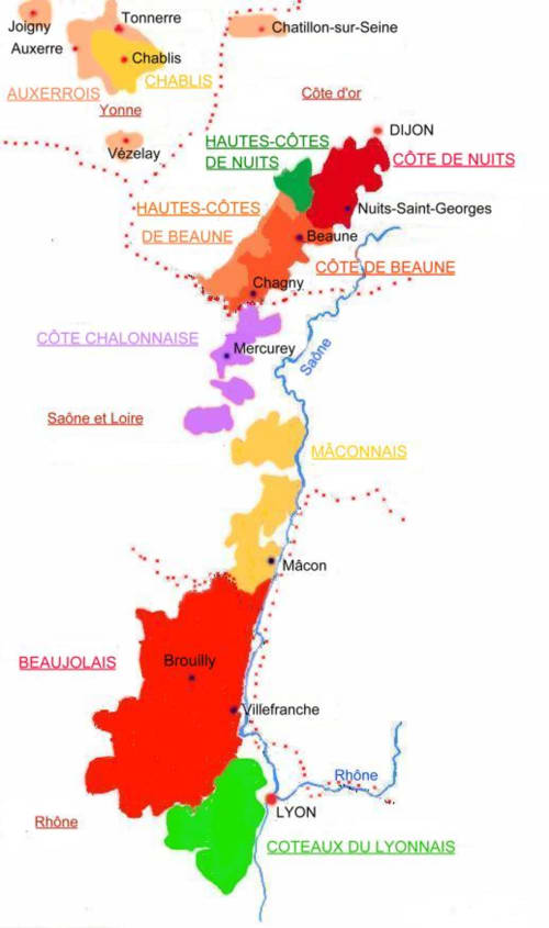 Karte der Weinregionen des Burgunds bei Pourrain, Frankreich mit Chablis, Côte d'Or und weiteren Appellationen