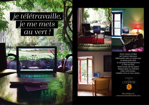 Domaine de l'Ocrerie remote work spaces in Pourrain - laptop setups in garden and bedroom for teleworking in Burgundy