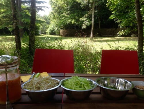 Outdoor dining setup at Domaine de l'Ocrerie with prepared ingredients and forest view in Pourrain