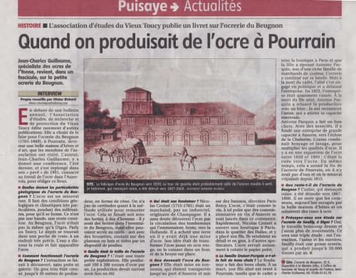 Article historique sur la production d'ocre à Pourrain avec illustration vintage du moulin Beugnon
