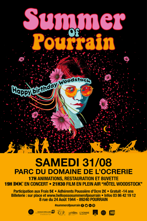 Affiche du festival d'été de Pourrain au Domaine de l'Ocrerie avec célébration anniversaire Woodstock le 31 août