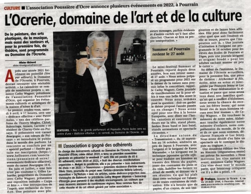 Article de presse français sur les événements culturels du Domaine de l'Ocrerie à Pourrain avec portrait et détails