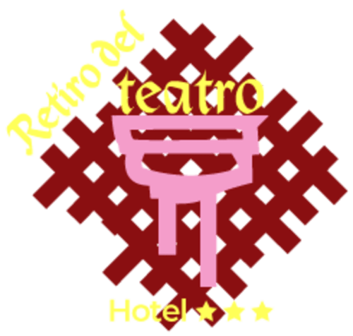 Logo del Retro Teatro Hotel con diseño teatral rosa, patrón geométrico rojo oscuro, texto amarillo para Almagro, Ciudad Real