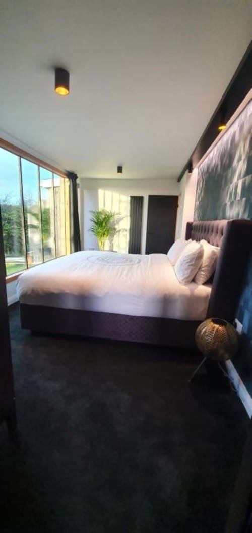 Contemporary Suite bedroom at Dublin Exchange Suites with king bed, garden view windows, modern lighting, and dark flooring