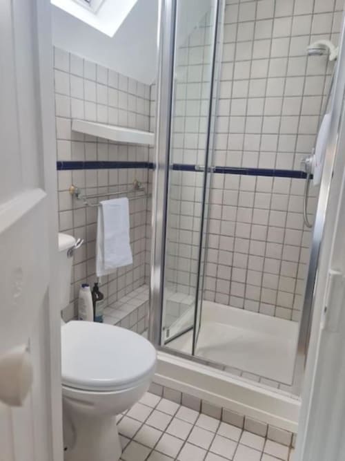 Compact bathroom with white toilet, tiled shower enclosure with glass doors, navy stripe tile accent, and white towel rail in