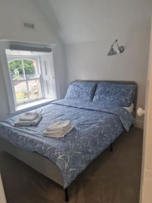 Cosy bedroom with blue patterned bedding, window overlooking garden, wall sconce lamp, and hardwood floors at Dublin Exchange