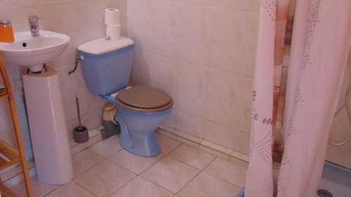 Salle de bain du gîte Caribgites à Sainte-Anne avec toilettes bleues, lavabo blanc et rideau de douche rose