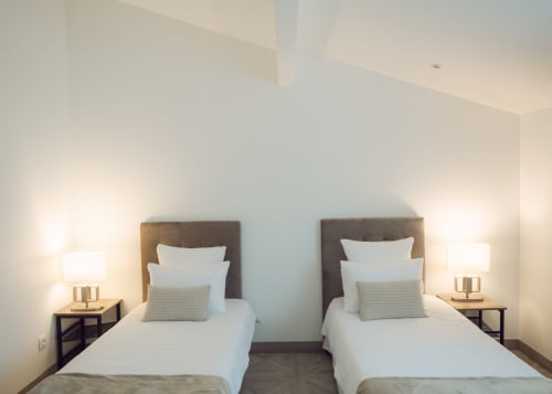 Twin beds with white linens and gray pillows in a bright, modern bedroom at Domaine de Bize in Mirepoix