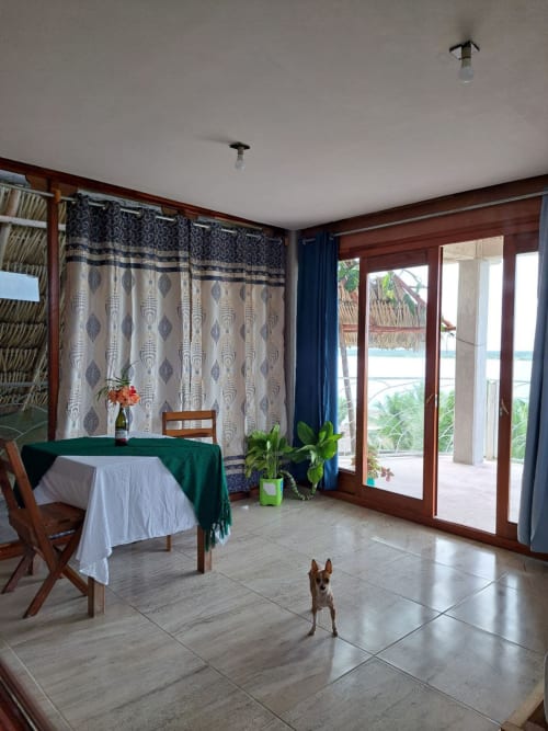 Habitación espaciosa en el hostel Cayuco Maya de Bacalar con vista al lago, muebles de madera, piso de cerámica y perrito