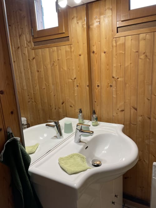 Salle de bain rustique au Chalet Rainette des Gîtes Les Rainettes avec lavabo blanc sur piédestal et robinetterie double