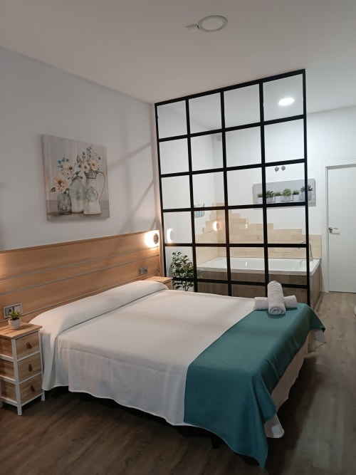 Dormitorio moderno en Apartamentos Turísticos Ávila con cama matrimonial, cabecero de madera, mampara de cristal con marco negro y vistas a la ciudad