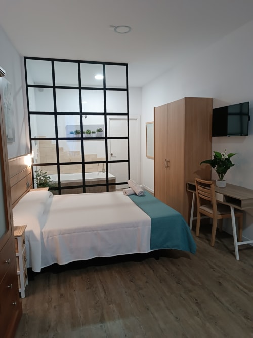 Moderno estudio en Ávila con cama, armario de madera, escritorio, TV y baño con ducha separado por cristal