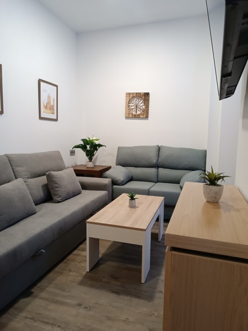 Sala de estar moderna en apartamento de Ávila con sofás grises, mesa de café de madera y decoración con vista a la ciudad