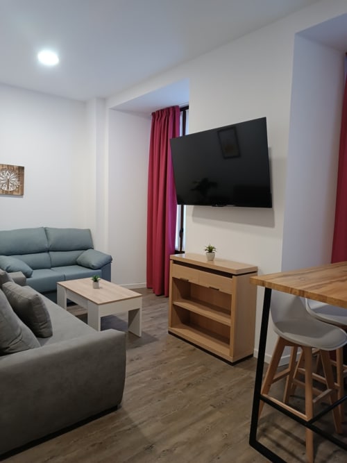Sala de estar moderna en Apartamentos Turísticos Ávila con sofá gris, TV de pantalla plana, muebles de madera y comedor