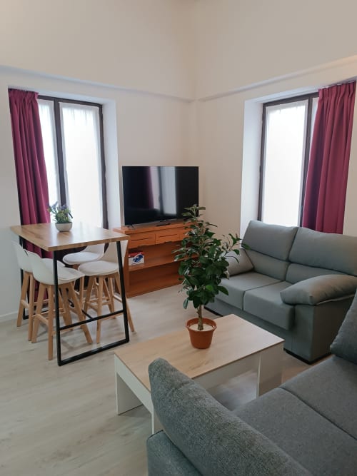 Sala de estar moderna en Ávila con sofá gris, mesa de comedor, televisor, planta maceta y cortinas burdeos