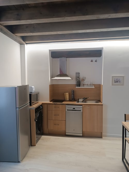 Cocina moderna con muebles de madera, electrodomésticos de acero inoxidable y lavadora en Apartamentos Turísticos Ávila