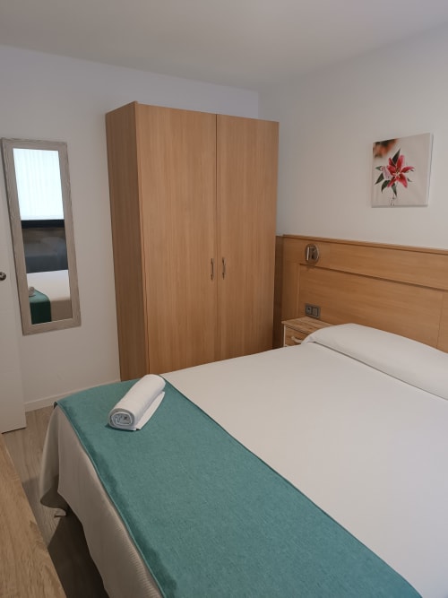 Moderno dormitorio en Apartamentos Turísticos Ávila con armario de madera, espejo y ropa de cama blanca en Ávila, España