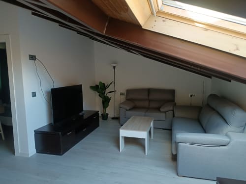 Sala de estar del apartamento de Ávila con sofás grises, televisor, mesa de centro blanca y tragaluces