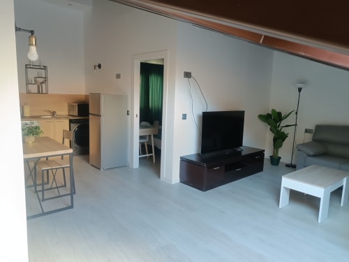 Moderno apartamento en Ávila con sala de estar, cocina americana, televisor, plantas y acceso a dormitorio