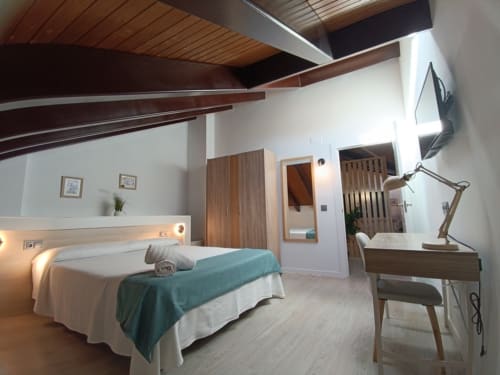 Dormitorio moderno en Apartamentos Turísticos Ávila con cama doble, escritorio, televisor y mobiliario contemporáneo