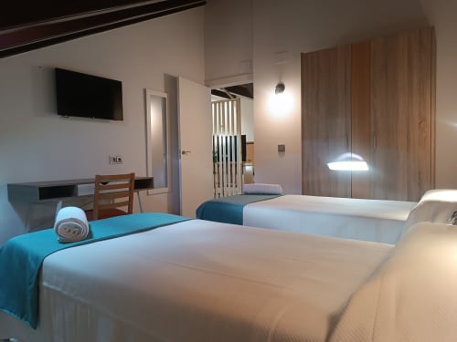 Habitación moderna en Apartamentos Turísticos Ávila con camas gemelas, televisor de pantalla plana, escritorio y armario de madera