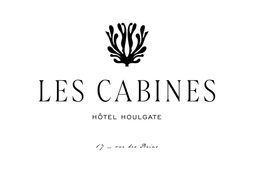 Logo de l'Hôtel Les Cabines Houlgate avec décor d'algues et adresse 17 rue des Bains