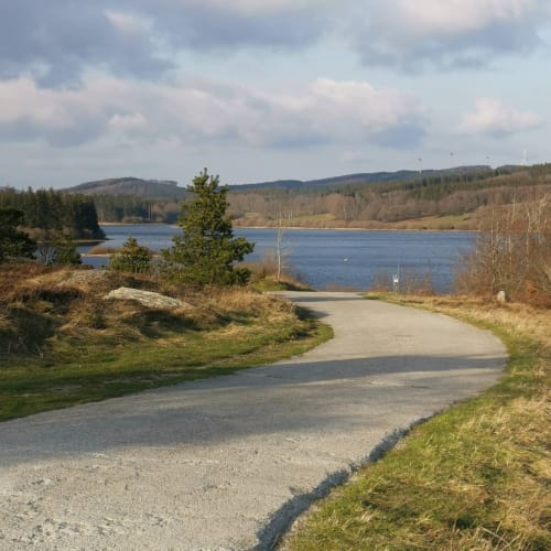 Chemin pittoresque au bord du lac de Bastide du Thoré, Labastide-Rouairoux avec montagnes boisées et eau bleu